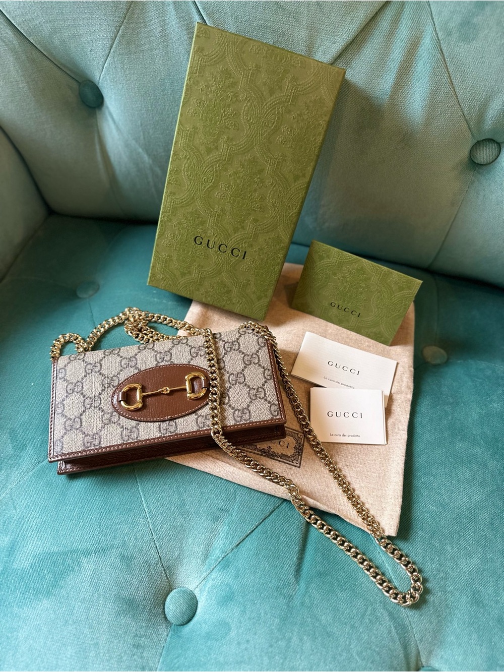 Gucci Beige GG Supreme Canvas Horsebit Chain Crossbody with Brown Leather Trim